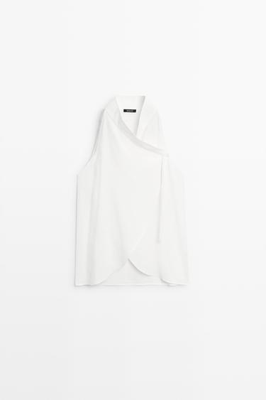 Zara Flowing linen halter crossover top - White - Image 0