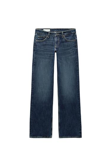 Front view of blue jeans with front and back pockets.