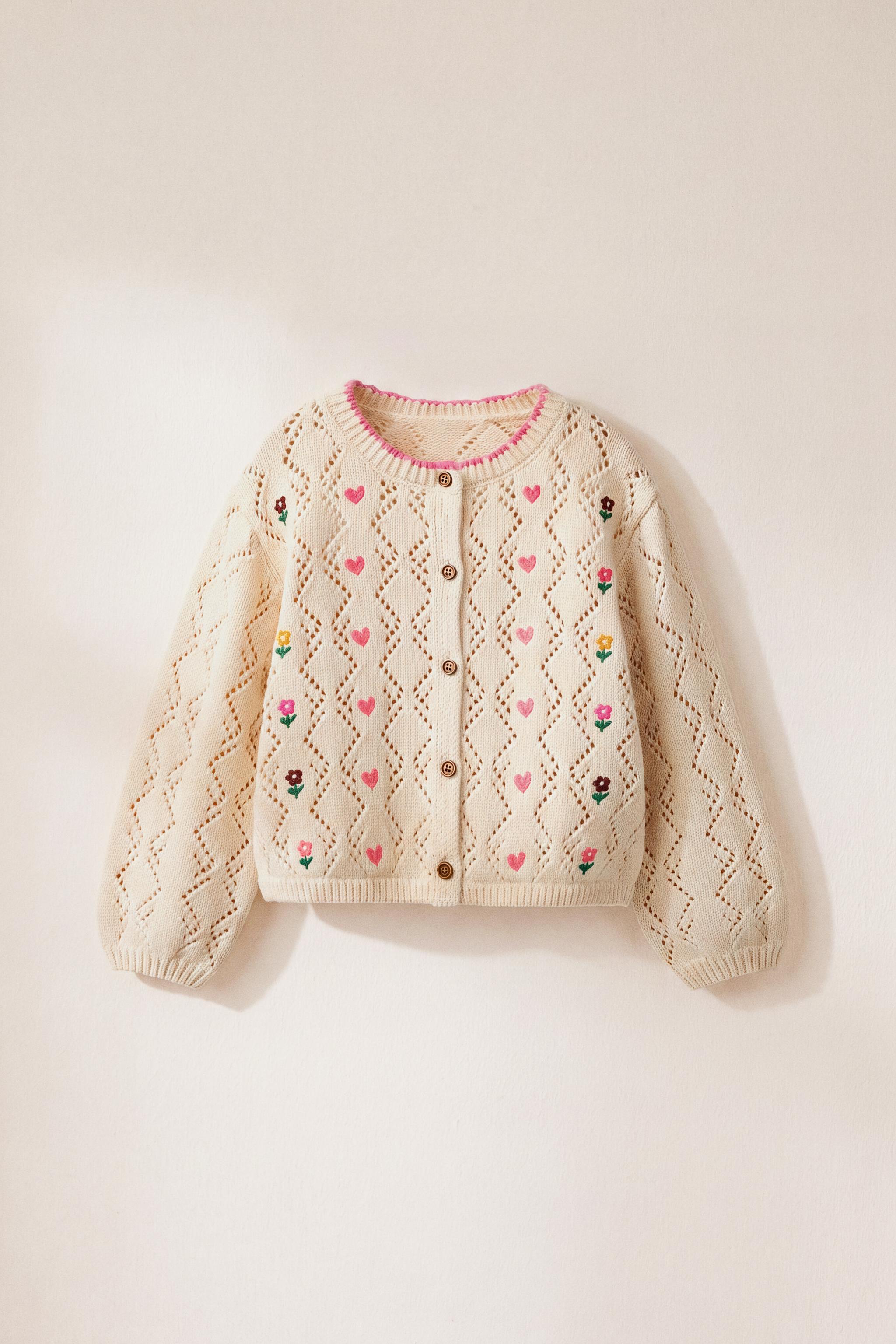 OPENWORK KNIT CARDIGAN WITH EMBROIDERED HEARTS — Ecru