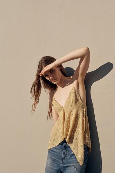 TOP BRETELLES PAILLETTES - Doré de Zara