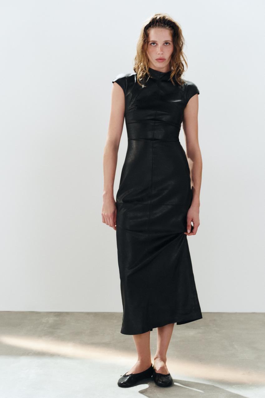 FAUX LEATHER MIDI DRESS - Black