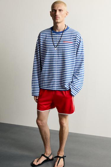 STRIPED JACQUARD EMBROIDERED T-SHIRT - Blue/White by Zara