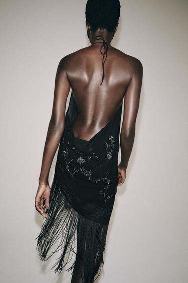 ZW COLLECTION EMBROIDERED FRINGED HALTER TOP - Black by Zara