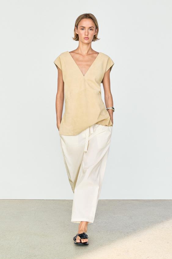 Pantalón detalle lazada con algodón - Blanco de Zara - Imagen 0