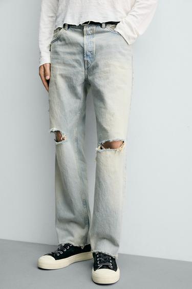 Zara STRAIGHT CROPPED FIT JEANS - Light blue
