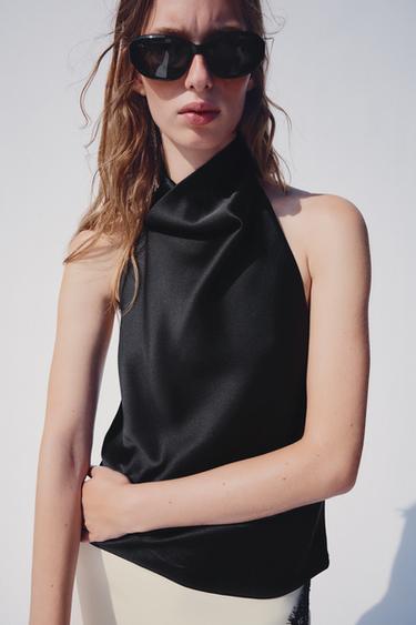 Zara SATIN EFFECT HALTER TOP - Black