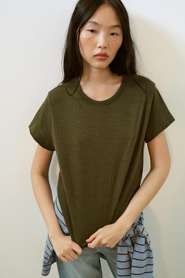 Zara COTTON SHORT SLEEVE T-SHIRT - Khaki