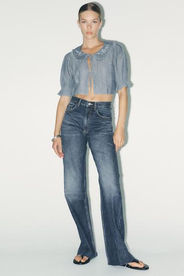 Zara TRF HIGH WAIST WIDE LEG FULL LENGTH JEANS - Navy blue