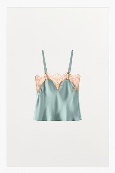 Zara SATIN EFFECT LACE CAMISOLE - Duck blue