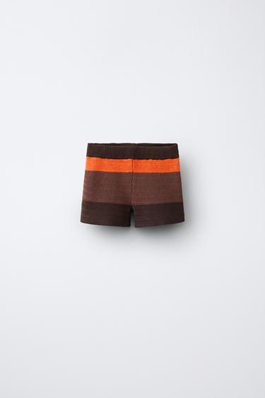 KNIT CROCHET BERMUDA SHORTS WITH CONTRAST STRIPE - Brown by Zara