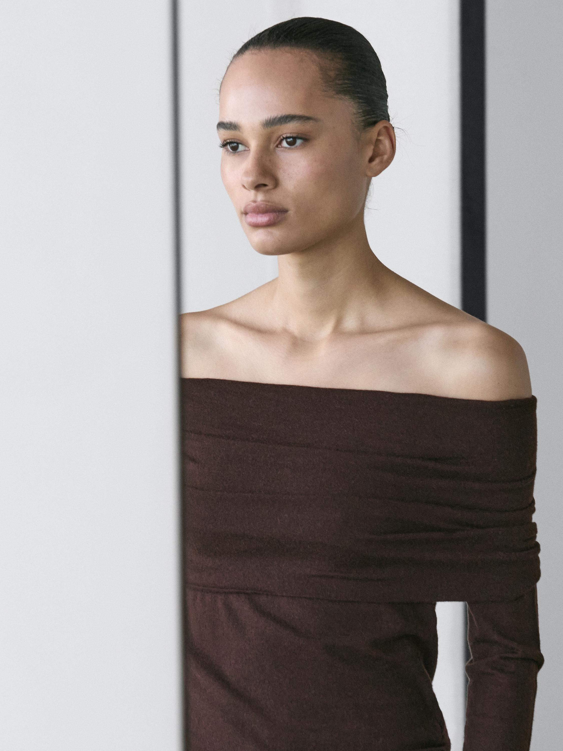 Knit wool blend off-the-shoulder sweater