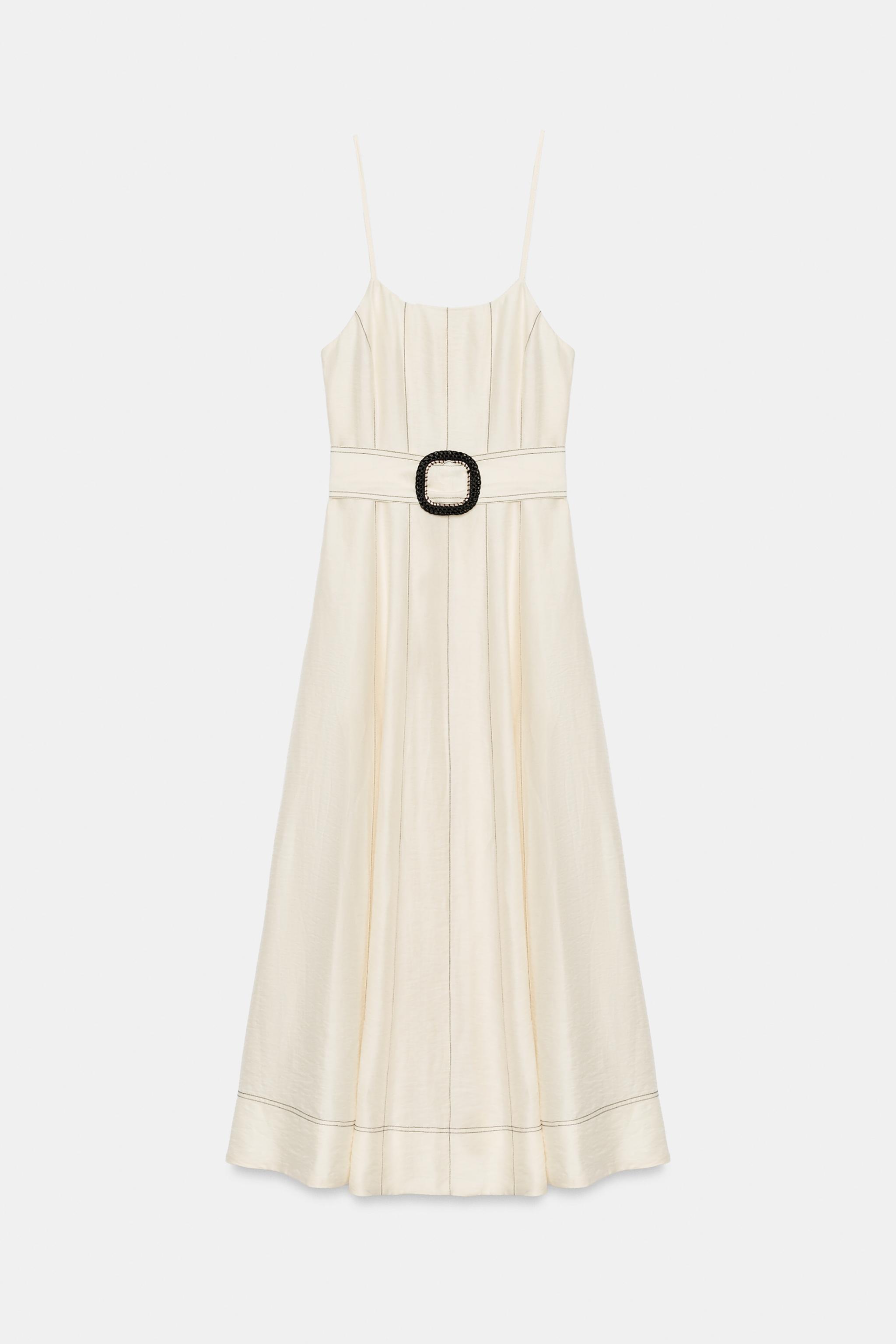 LINEN MIDI DRESS WITH CONTRAST STITCHING AND BELT