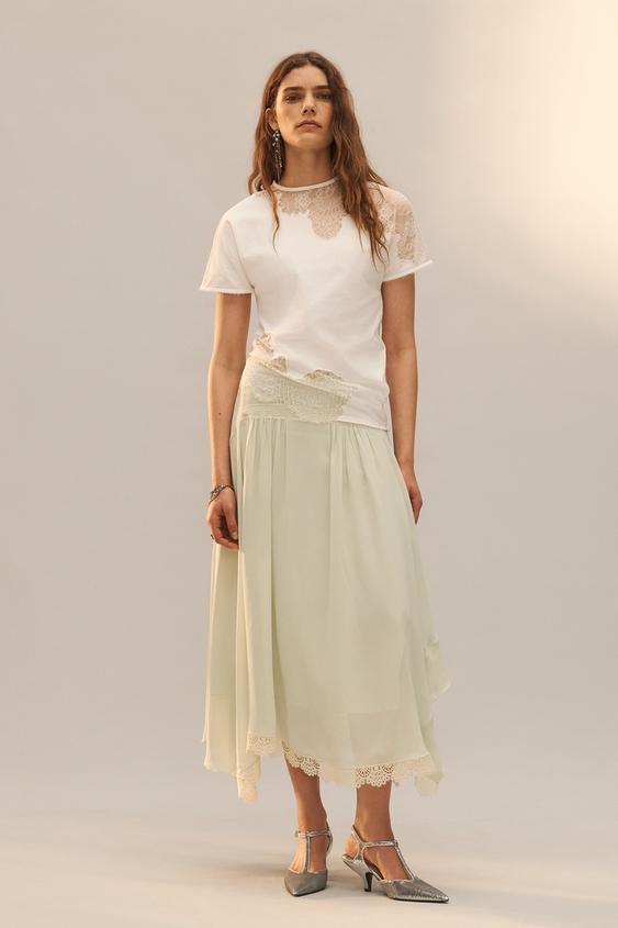 SAIA DE BABADO DE RENDA LIMITED EDITION Verde claro ZARA Brasil saia-de-babado-de-renda-limited-edition-verde-claro-zara-brasil