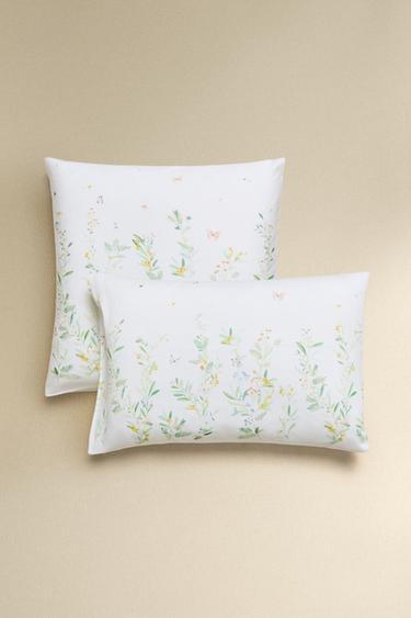 LEAF AND FLORAL PRINT SATEEN PILLOWCASE - Oyster-white by Zara