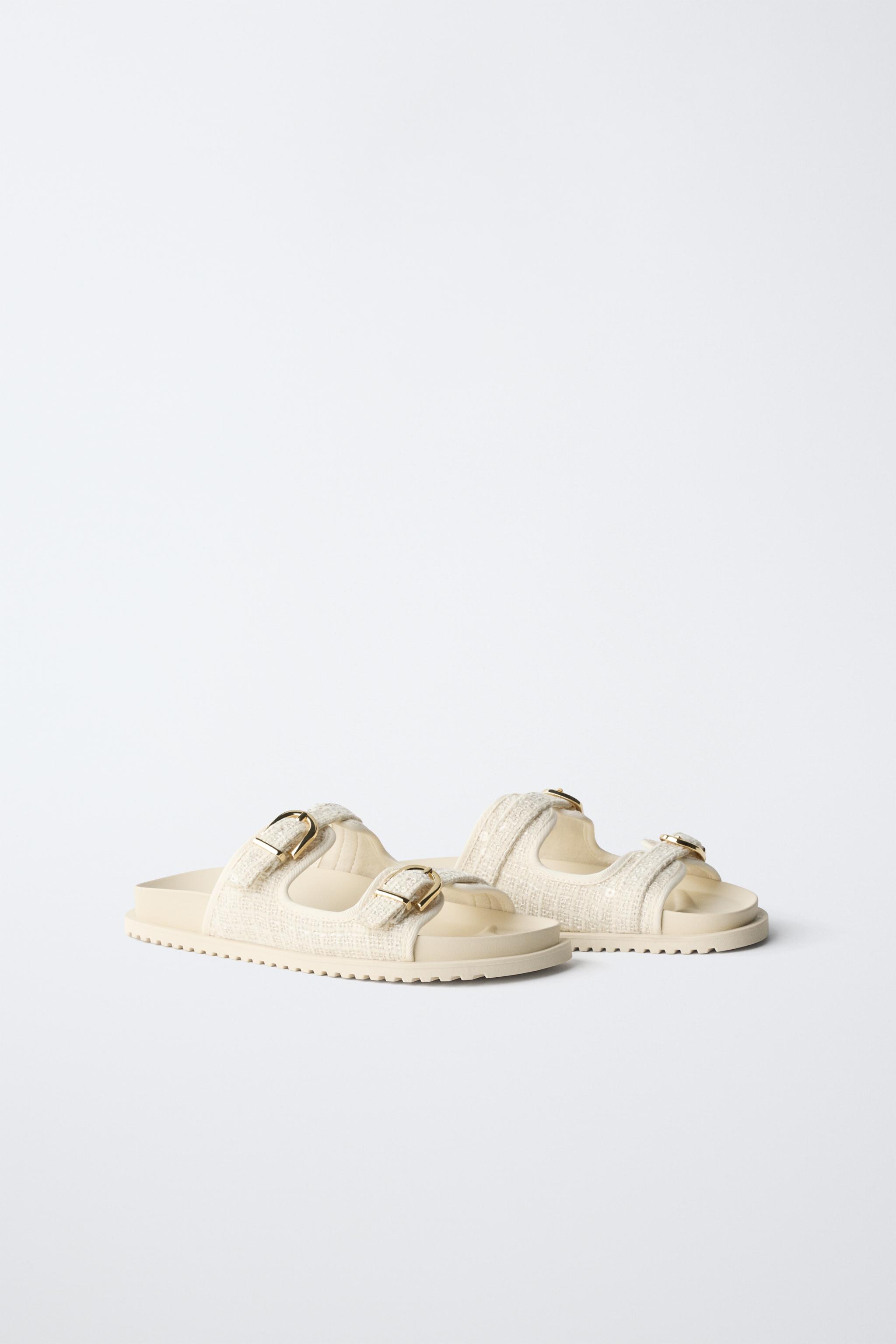 RAFFIA EFFECT BUCKLE SANDALS — Off White