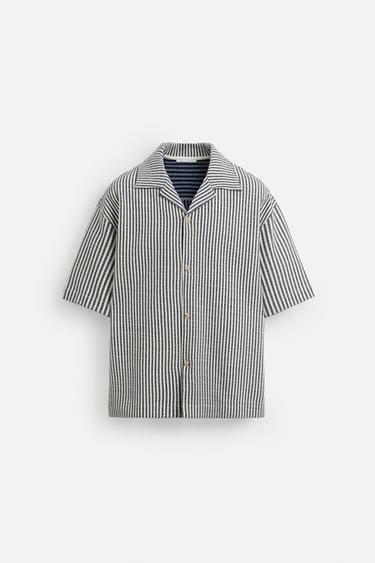 Zara RELAXED FIT SEERSUCKER SHIRT - Ecru / Navy