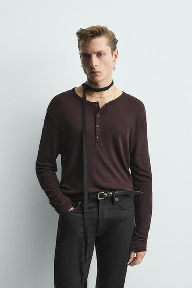 Zara LYOCELL - COTTON BLEND HENLEY T-SHIRT - Burgundy