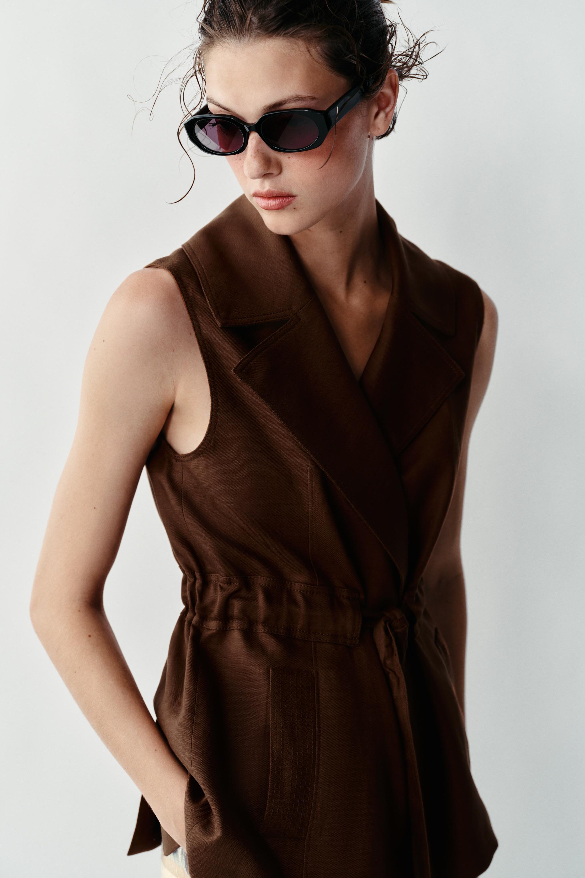 LINEN BELTED VEST — Brown