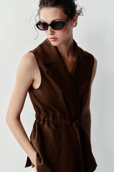 LINEN BELTED VEST — Brown 2