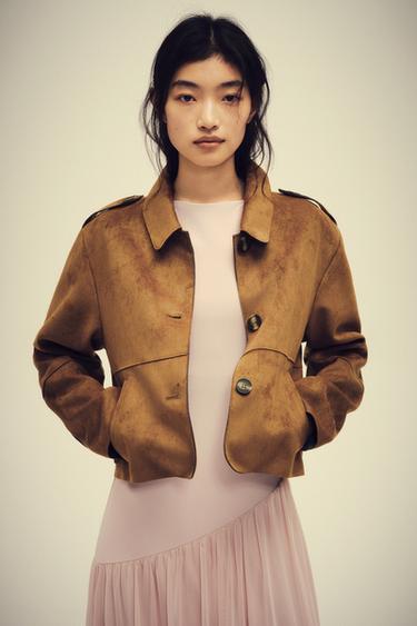 Zara 短版人造麂皮夾克 - 焦糖色