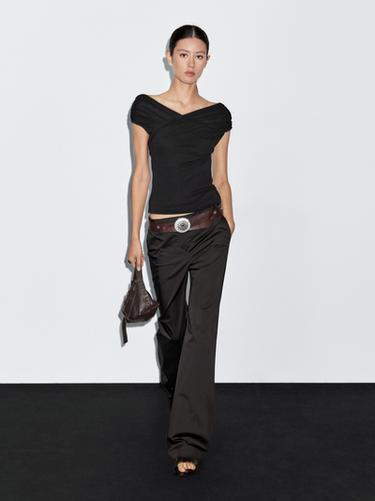 Zara 100% cotton surplice boat neck top - Black