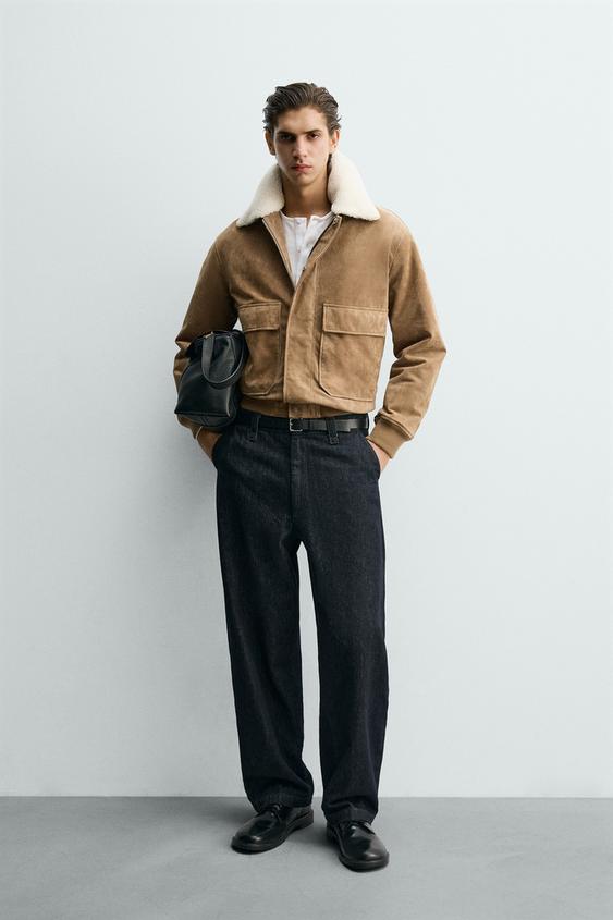 FLEECE TRIM SUEDE LEATHER JACKET