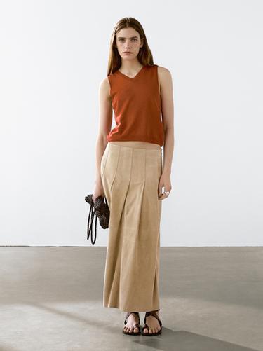 Zara Long pleated suede leather skirt - Stone