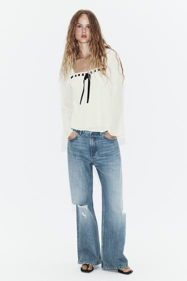 CAMISA GEORGETTE COM RENDA E LAÇO - Cru da Zara