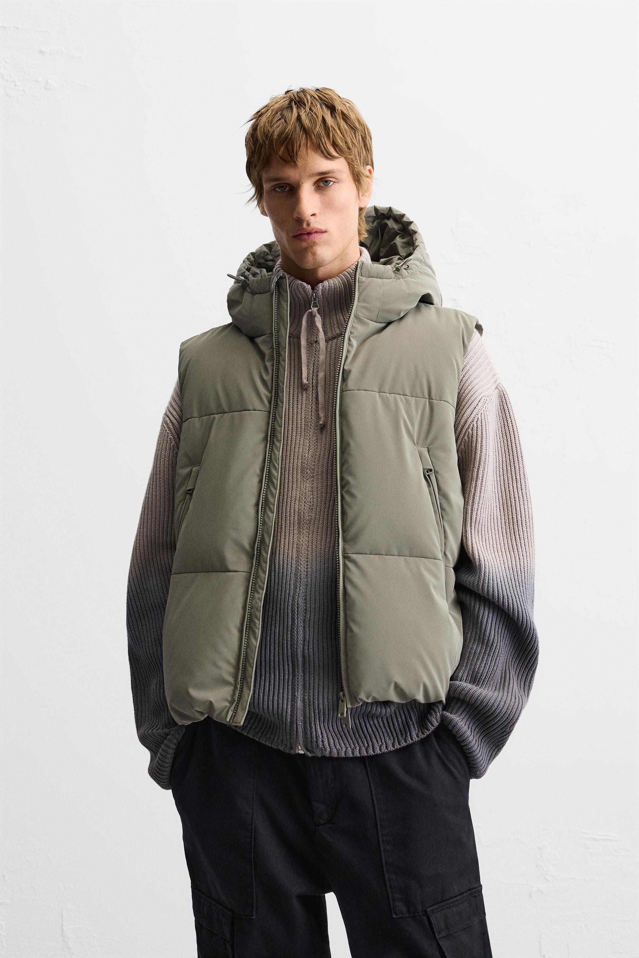 Zara Rubberized Hooded Puffer Vest Green Men