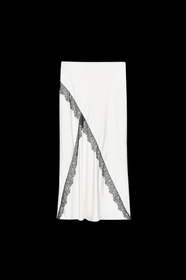 Zara SATIN EFFECT LACE MIDI SKIRT - Ecru - Image 0