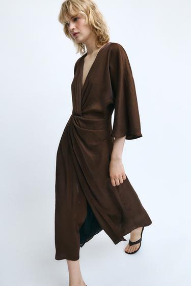 SATIN MIDI DRESS - Brown by Zara
