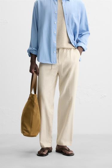 PANTALON COTON ET LIN BRODÉ ET PERFORÉ - Beige clair de Zara - Image 1
