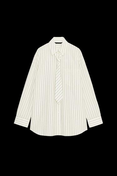 Zara OVERSIZED SHIRT WITH TIE - White / Gray - Image 0