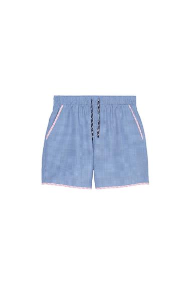 LONG CONTRAST CHECK SWIMMING TRUNKS - Blue by Zara