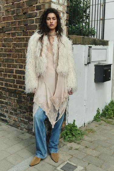 Zara FAUX FUR JACKET - Ecru
