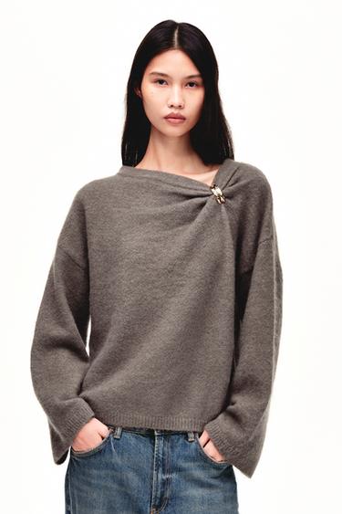 Zara 胸針針織衫 - 棕色 / 暗灰褐色