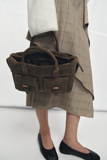 LEATHER HANDBAG WITH POCKETS - Green by Zara - Image 0