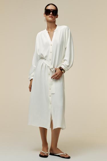 BELTED CREPE MIDI DRESS - Oyster-white by Zara - Image 0