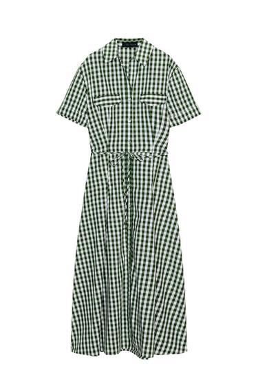 Green and white checked shirt dress on a white background. It has short sleeves, a collar, button fastening, pockets and a tie belt.