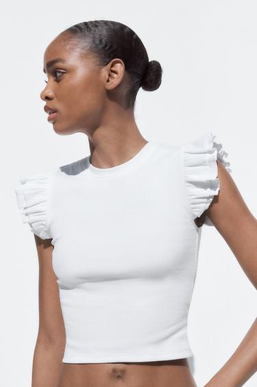 Zara RUFFLED RIBBED SHIRT - White