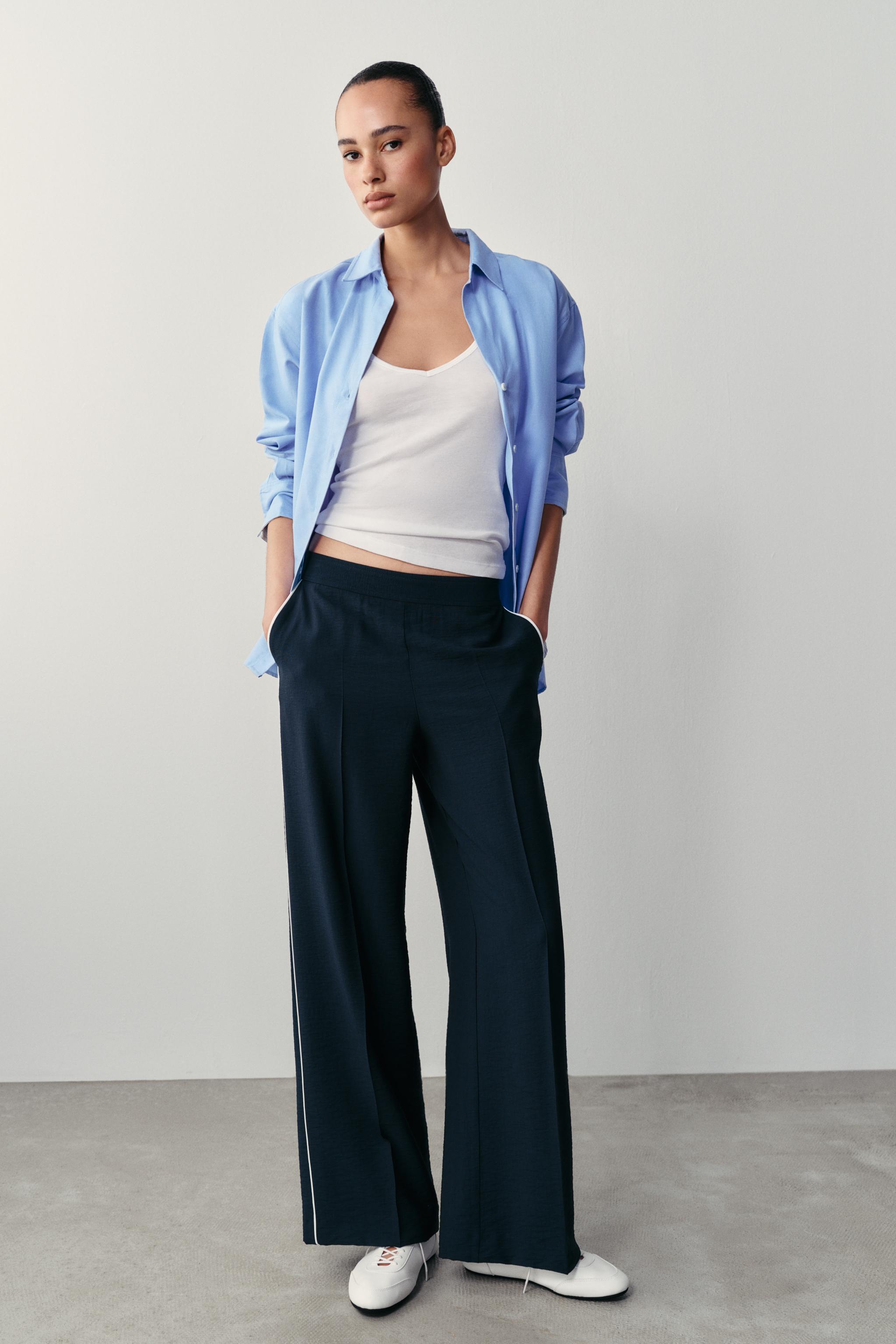 Contrast Piped Trousers — Navy blue