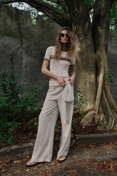 Zara RUSTIC STRIPED TOP - Ecru