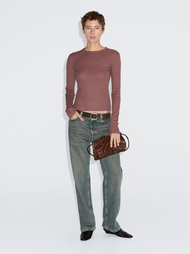 Zara Long sleeve cotton blend T-shirt - Pale pink
