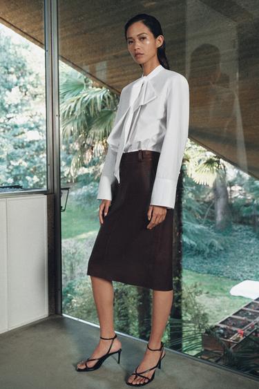 ZW COLLECTION LIMITED EDITION LEATHER MIDI SKIRT - Brown by Zara