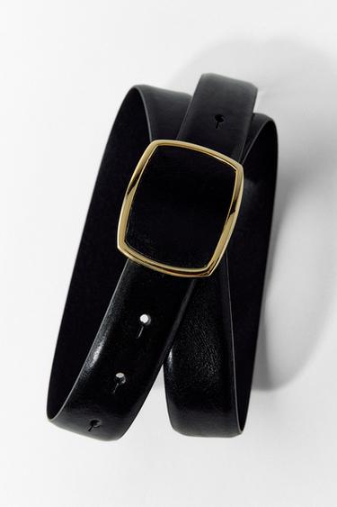 CINTURÓN PIEL HEBILLA DORADA - Negro de Zara