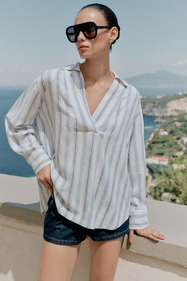 BLOUSE IMPRIMÉE À RAYURES - Marron-Bleu de Zara - Image 1