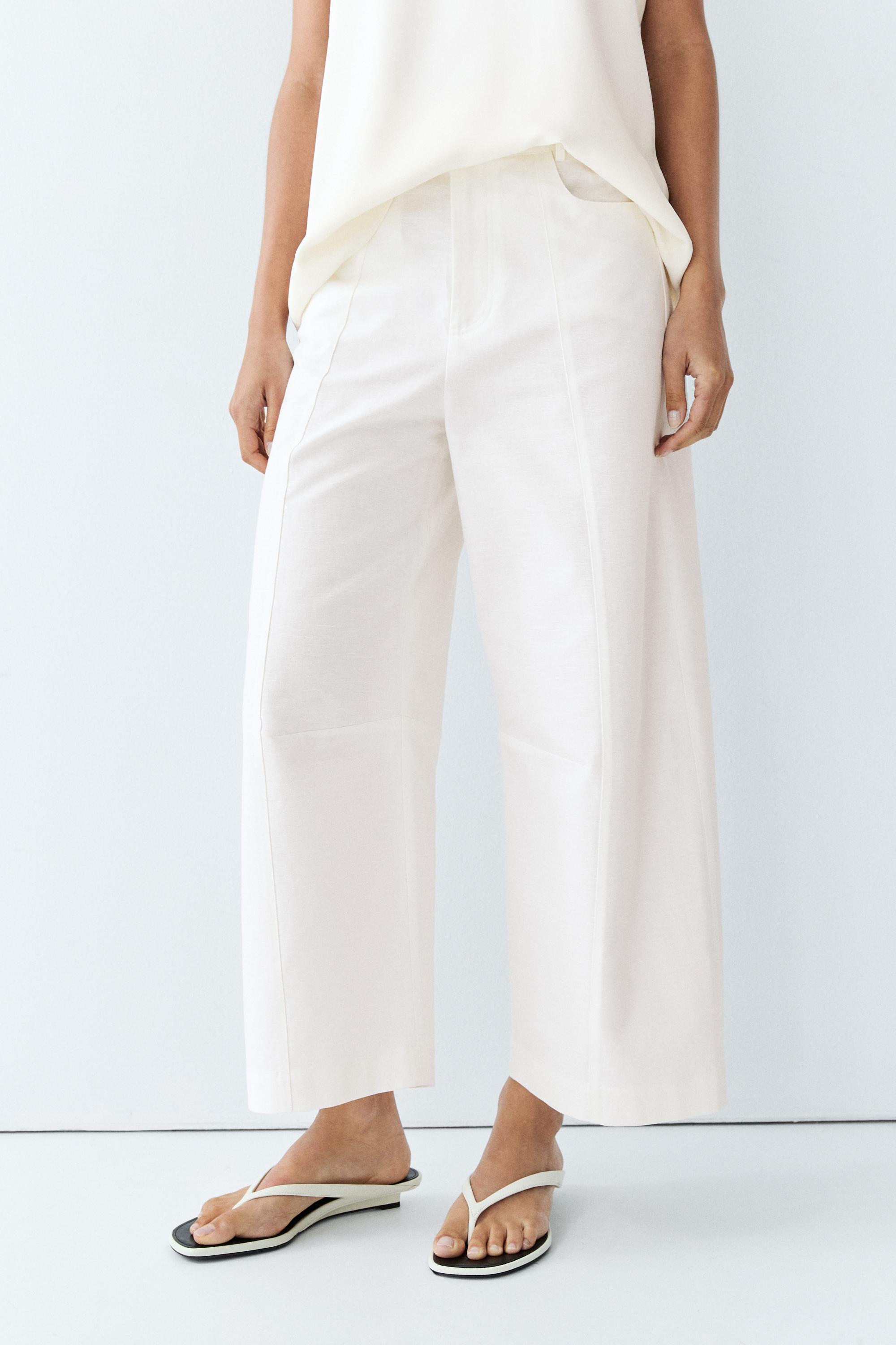 Cotton linen blend barrel fit pants — Oyster-white