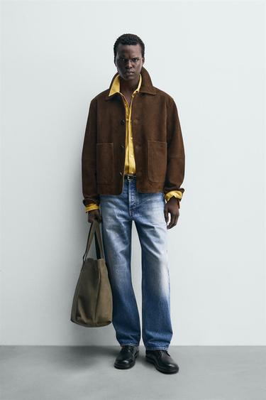 Zara LEATHER SUEDE JACKET - Dark brown