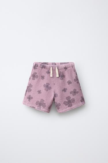 Zara WAFFLE FLORAL SHORTS - Pink