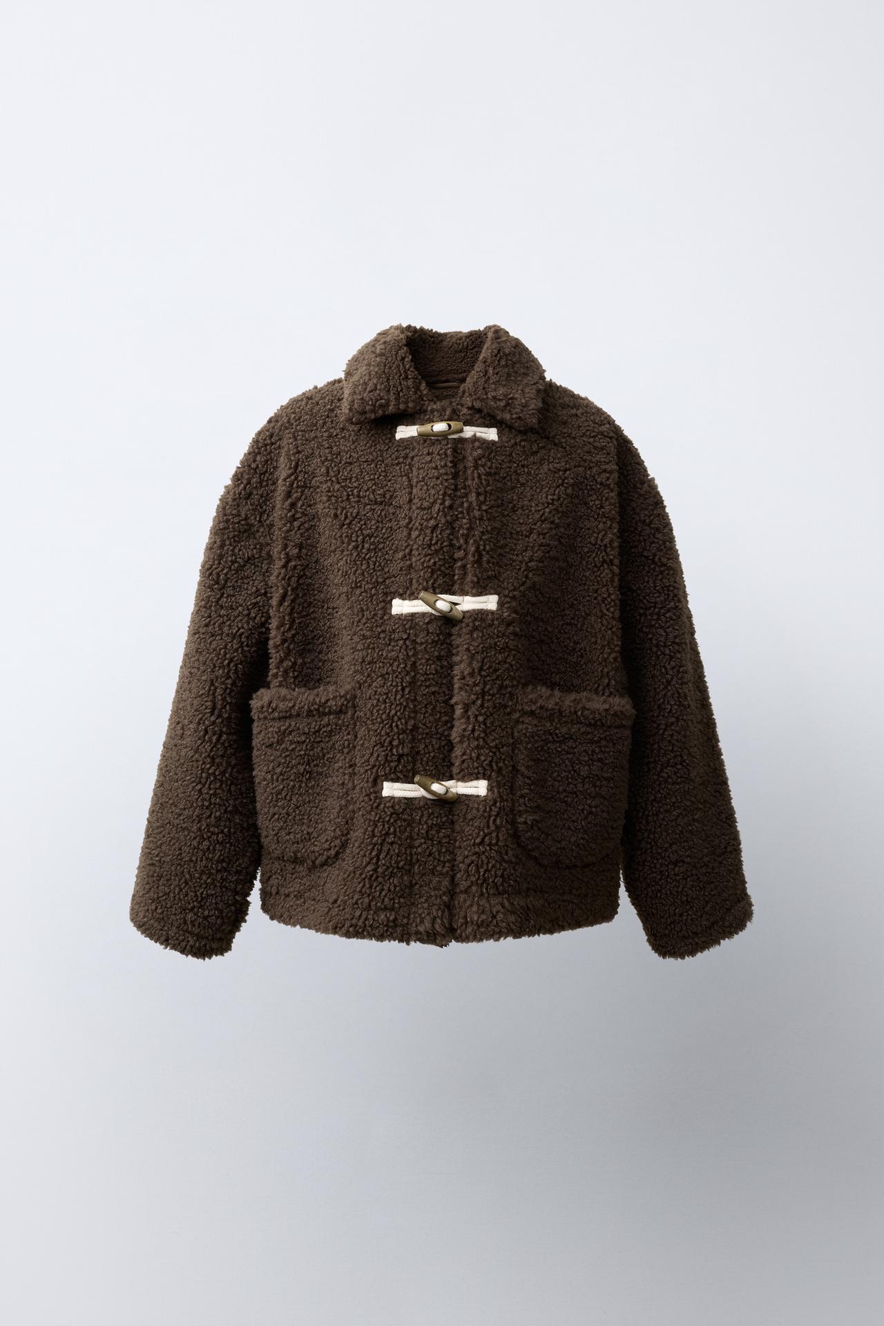 SHEARLING JACKET WITH FROG FASTENING — Dark brown